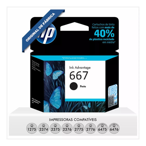 Cartucho De Tinta Hp 667 Preto Original 1275 2376 2775 6475