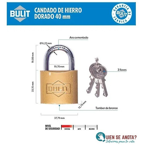 Imagen 2 de 3 de Candado De Hierro Dorado Bulit N° 40
