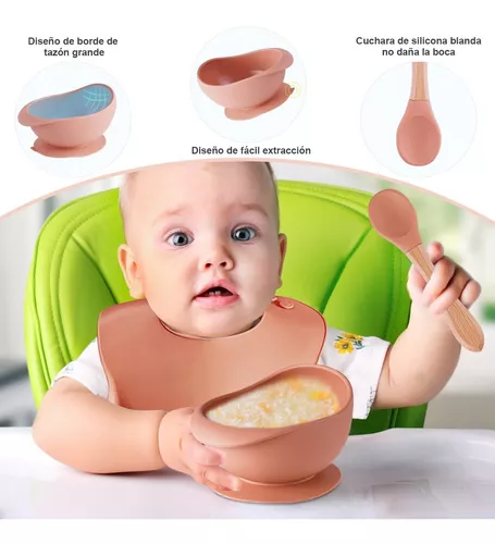 Platos para bebes - plato de silicona bebe + babero vaso + cubiertos morado  OEM