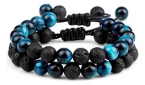 Comprar X2 Pulseras Hombre Mujer Ojo De Tigre Azul Piedra Lava Negro