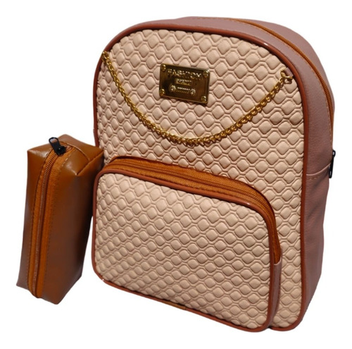 Mochila Feminina Com Corrente Escolar E Passeio Estojo Cor Rose Desenho Do Tecido Liso