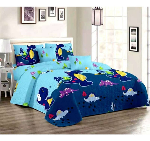 Cubrecama Quilt Delgado De Verano 1.5 Plaza Azul Dino Kids