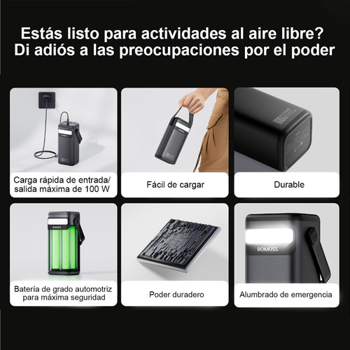 100w Power Bank 60000mah Cargador Portatil Carga Rápida 2 type-C Marca Romoss Modelo PMT60 Color Negro incluye 2USB