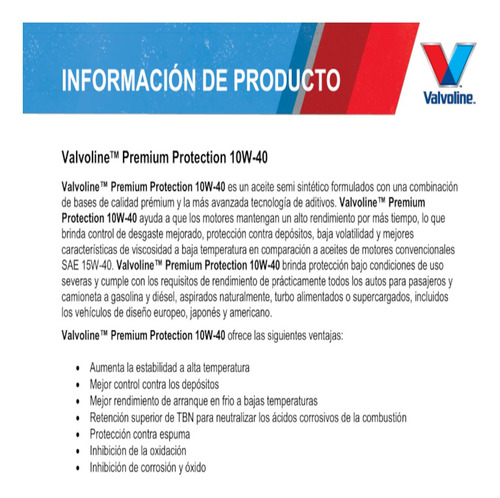 Imagen 5 de 8 de Aceite Valvoline 10w40 Premium Protection Semisintético 1gal