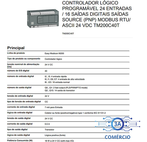 Clp Schneider Tm200c40t 40e/s Digital 24vdc Modbus Rtu/ascii