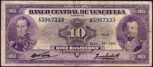 Billete 10 Bolívares A7 Junio 18 1959 Bolívar Y Sucre