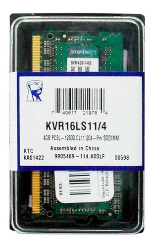 Imagen 1 de 2 de Memoria Ram Kingston Kvr Soddr3 Lap 4gb 1600 Kvr16s11s8/4wp