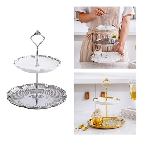 Elegante De Postres De 2 Niveles Con Asa Para B Plata