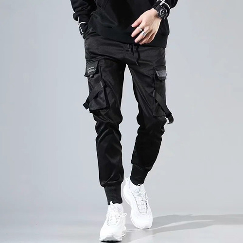 Streetwear Hombre Cintas Homme Negro Bolsillos Harem Pantalo