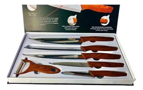 Set De Cuchillos X6 Mango De Madera 5 Unidades + Pelador