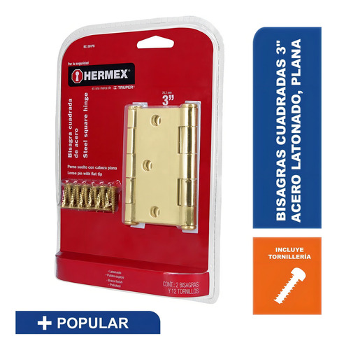 Bisagra Cuadrada 3'' Latón Plana Blister 2 Pz Hermex 43242