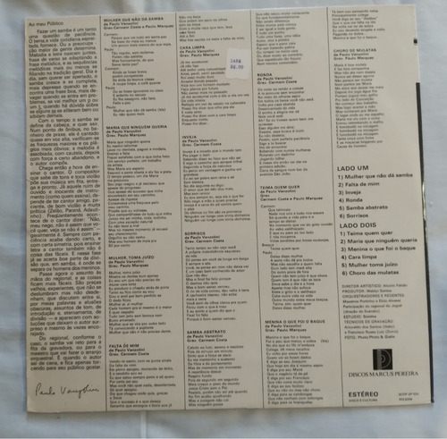 Lp Vinil Carmem Costa P. Marques Cantam P. Vanzolini 1974 (Usado)