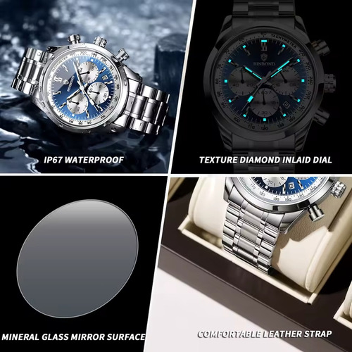 Reloj Binbond B380 Fondo Negro Acero Inoxidable Malla Silver Malla Plateado Bisel Plateado