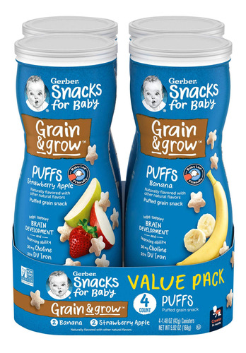 Set De 4 Snacks Gerber Puffs Sabor Manzana, Banana, Fresa,