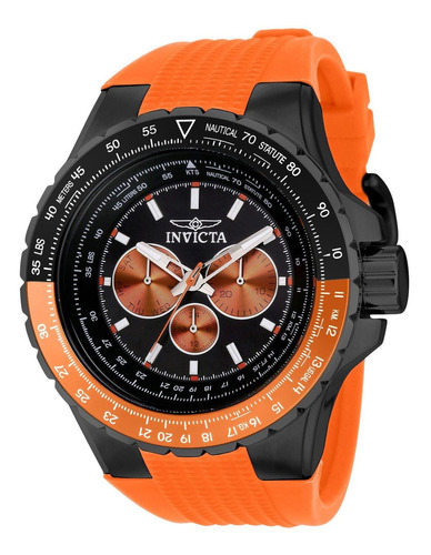 Reloj de pulsera Invicta Aviator 39306 de cuerpo color negro, analógico, para hombre, fondo negro, con correa de silicona color naranja, agujas color plateado, blanco y naranja, dial plateado, blanco y naranja, subesferas color naranja y plateado, minutero/segundero blanco, bisel color naranja y negro y hebilla simple