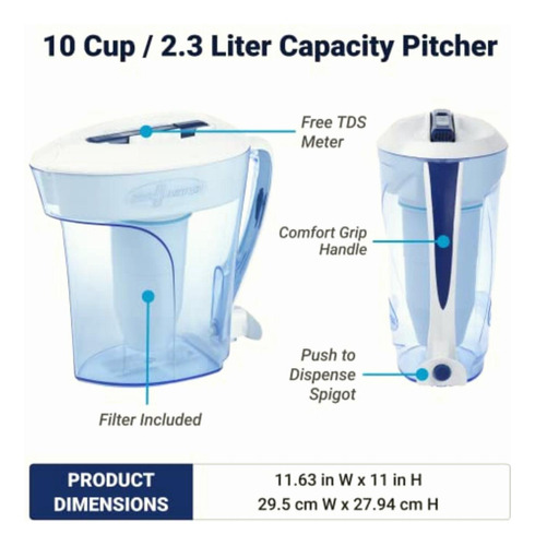 Zerowater 10 Cup Pitcher With Free Water Quality Meter