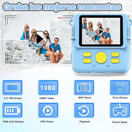 Cámara Instantánea Para Niños Con Impresora Incluye Rollos Y Sd