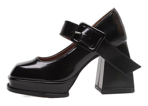 Tacones Altos Tacón Grueso Cuero Negro Zapatos De Mujer 2023