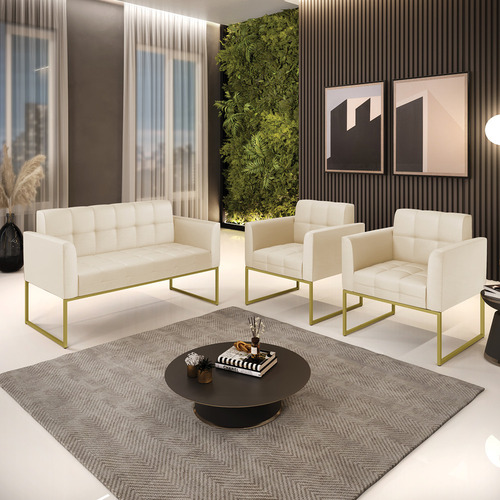Kit 1 Sofá E 2 Poltronas Corino Bege Base Industrial Dourado