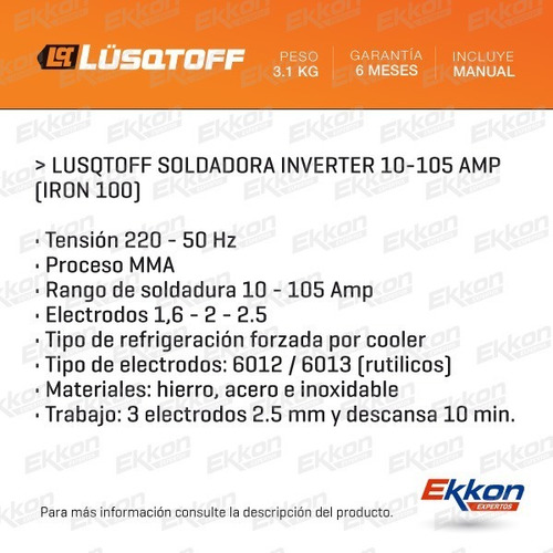 Imagen 2 de 9 de Soldadora Inverter Lusqtoff Iron100 Masc+4soport+electrodos