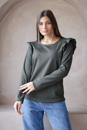 Remera Waffle Panal Frizado Manga Larga Volados Talle Grande
