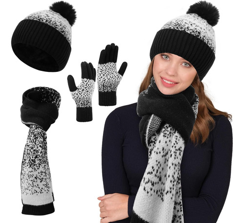 Conjunto De Gorro De Punto Con Pompón Para Mujer, Bufanda La