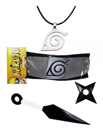 Bandana Naruto + Colar Aldeia Folha + 5 Kunais + 2 Shurikens