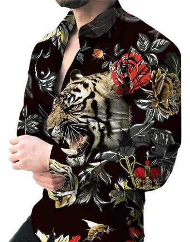 Camisa De Tigre Estampada De Manga Larga Para Hombre