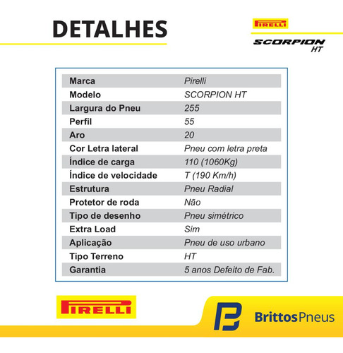 Kit 4 Pneus Ranger Aro 20 Pirelli Scorpion Ht 255/55 R20