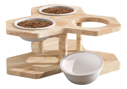 Comedero Triple De Madera Y Platos De Ceramica Para Perros