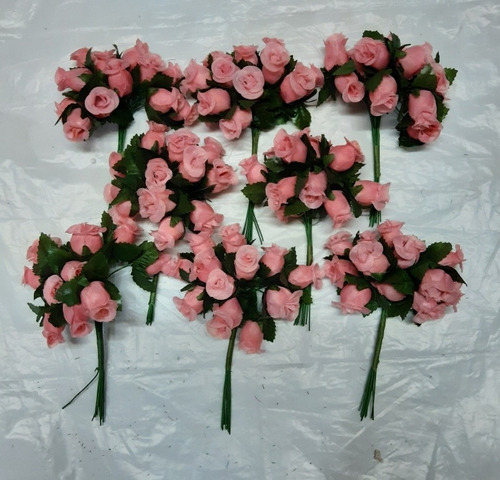 8 Ramitos Flores Tela Rosas Botón Rosadas