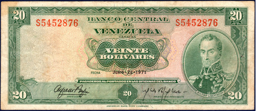 Billete De 20 Bolívares S7 Junio 22 1971 Simón Bolívar