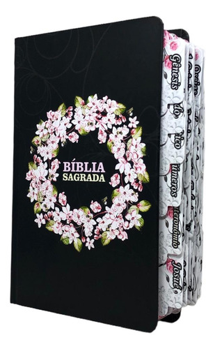 Bíblia Sagrada Feminina Com Abas Para Colar Letra Grande Hiperg Floral Preta