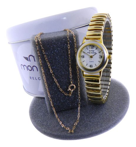 Combo Reloj Montreal Mujer Dorado + Cadena Con Dije Ml1070