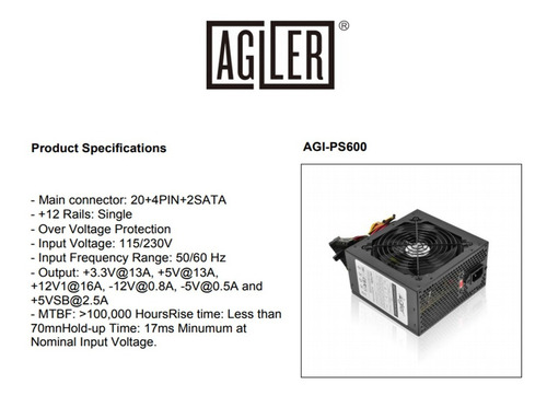 Fuente De Poder Agiler 600w 20+4 Pins + 2 Sata
