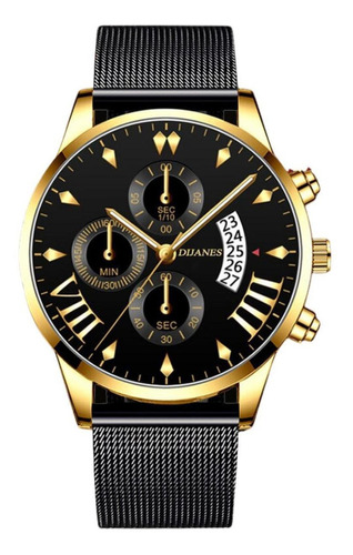 Relógio Masculino Yazole Pulseira De Aço Preto Com Dourado