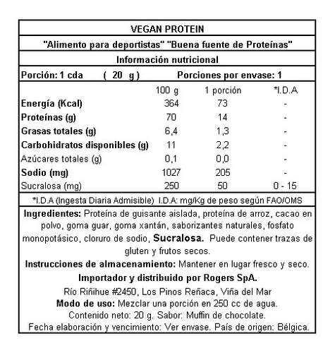 Imagen 4 de 4 de Pack 10 Proteína Vegana Sin Azúcar 20 Grs