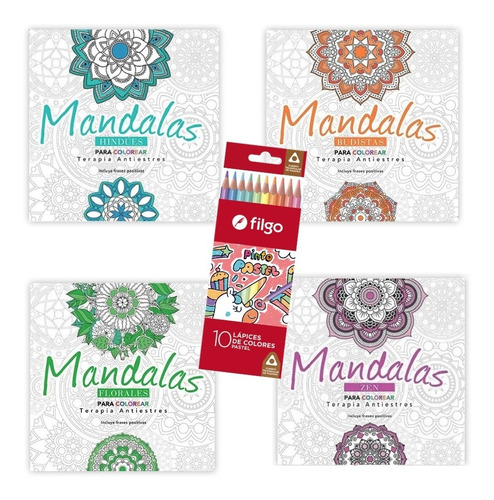 Libro Mandalas Para Pintar Antiestres X4 + Lapices Pastel