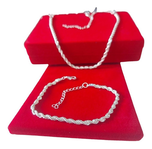 Conjunto Colar Feminino Pulseira Cordão Baiano Banhado Prata