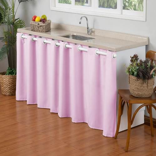 Cortina Em Oxford Para Pia Balcão De Cozinha 2,80m X 80cm Cor Rosa