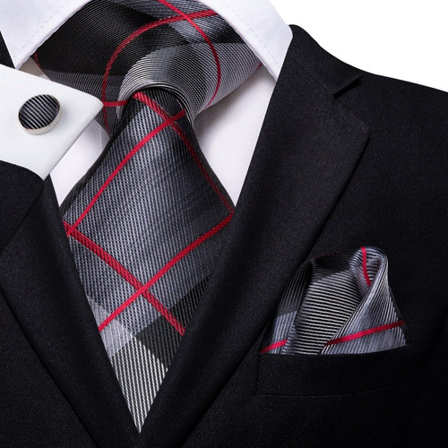 B3012 Seda | Corbata Pañuelo Mancuernillas | Negra Roja Gris