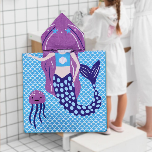 Toalla De Playa Para Niños Con Capucha, Sirena Morada
