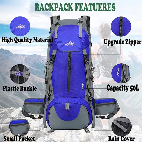 Taeku Mochila de senderismo 50L impermeable transpirable al aire libre con  cubierta de lluvia para escalada, camping, touring, trekking, Azul