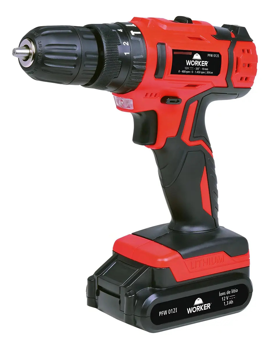 Parafusadeira Impacto Worker 12V Bateria Li-ion com Acessórios 2 baterias
