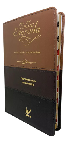 Bíblia Sagrada Slim Almeida Edição Contemporânea Palavras De Jesus Em Vermelho Tricolor Marrom, Preta E Caramelo Luxo Com Indice