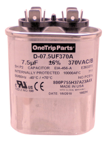 Duracap Ee. Uu. Run Capacitor 7,5 uf  7,5 mfd 370 vac Flat