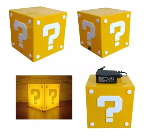 Super Luminaria Abajur Mesa Bloco Charada Mario Bros Gamer Estrutura Amarelo E Branco 127/220v
