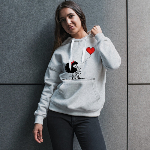 Imagen 5 de 6 de Buzo Gris Canguro Mafalda Globo Corazón Hombre Mujer Niños
