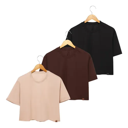 Kit 3 Cropped Feminino Oversized Academia Malha Premium 100%