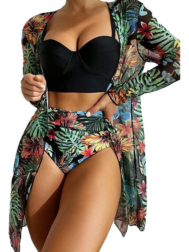 Traje De Baño Estampado Para Mujer Tres Piezas + Kimono